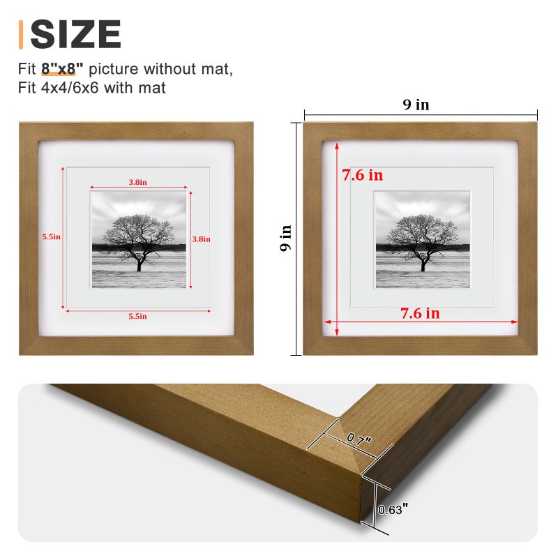 Egofine 8x8 Picture Frames 4 Pack Covered by Plexiglass, for Picture 4x4 with Mat or 8x8 whitout Mat Made of Solid Wood for Table Top Display and Wall Mounting Photo Frame, Light Brown - Image 3